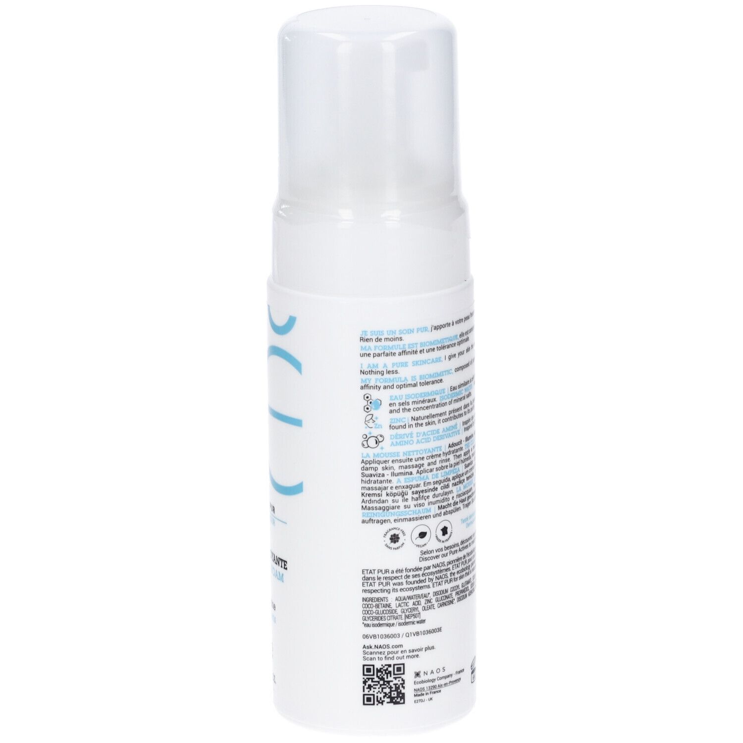 Flacone bianco con erogatore a spruzzo. Retro con testo e loghi. Scritte: état pur, NETTOYANT PUR, LA MOUSSE NETTOYANTE. Elementi logo blu.