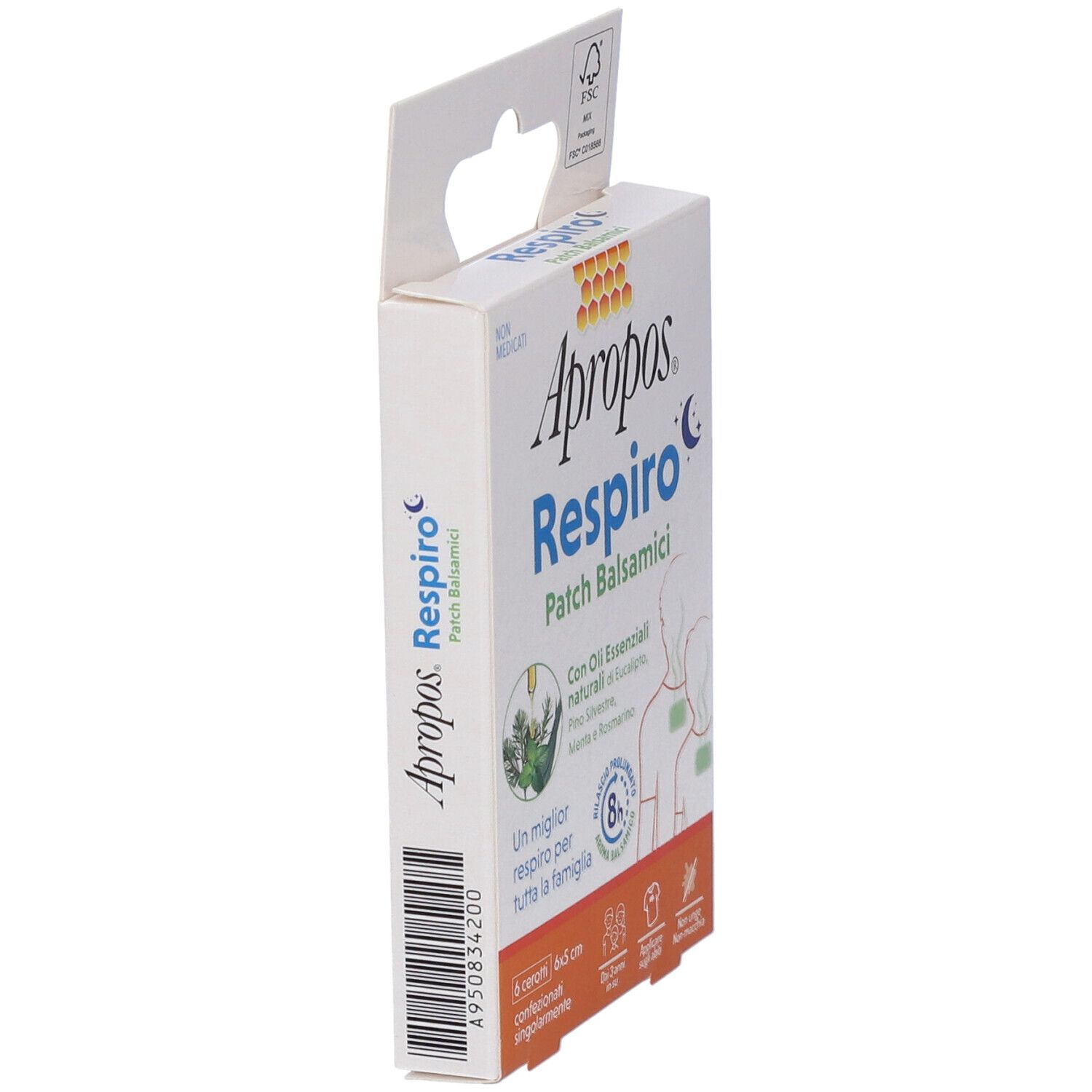 Vista laterale confezione APROPOS RESPIRO Patch Balsamici. Contiene 6 cerotti. Certificazione FSC.