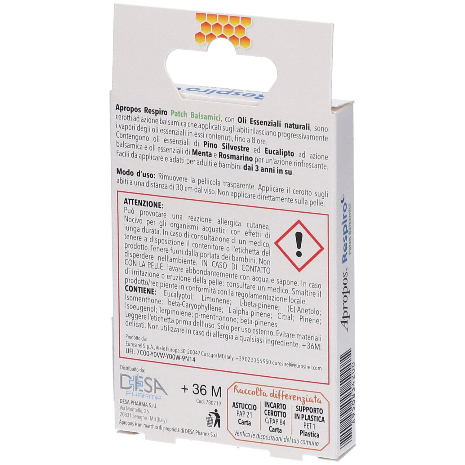 Retro confezione APROPOS RESPIRO Patch Balsamici. Testo con ingredienti e avvertenze.