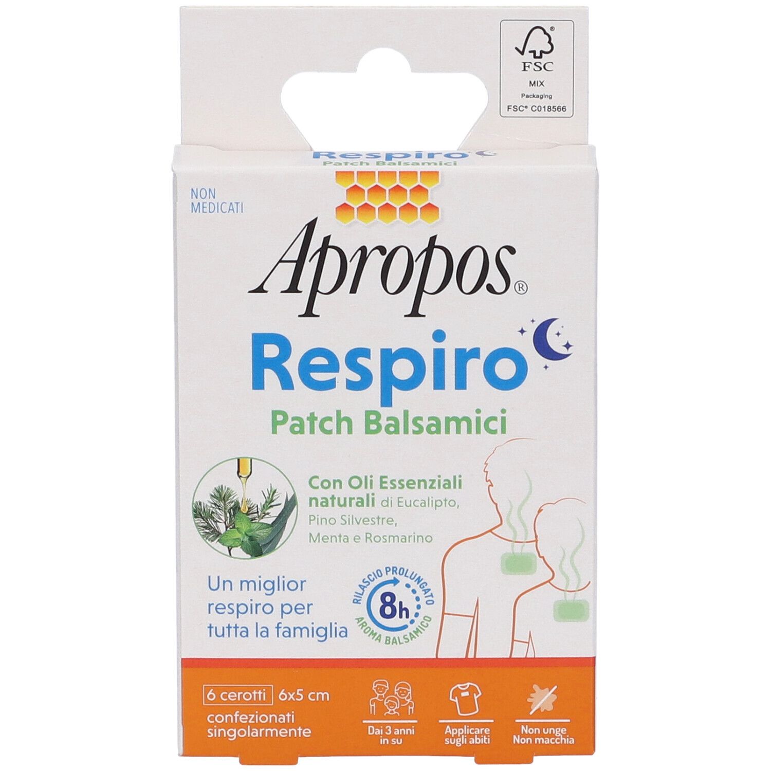 Confezione APROPOS RESPIRO Patch Balsamici. 6 cerotti, 6x5 cm. Contiene oli essenziali. Per tutta la famiglia.
