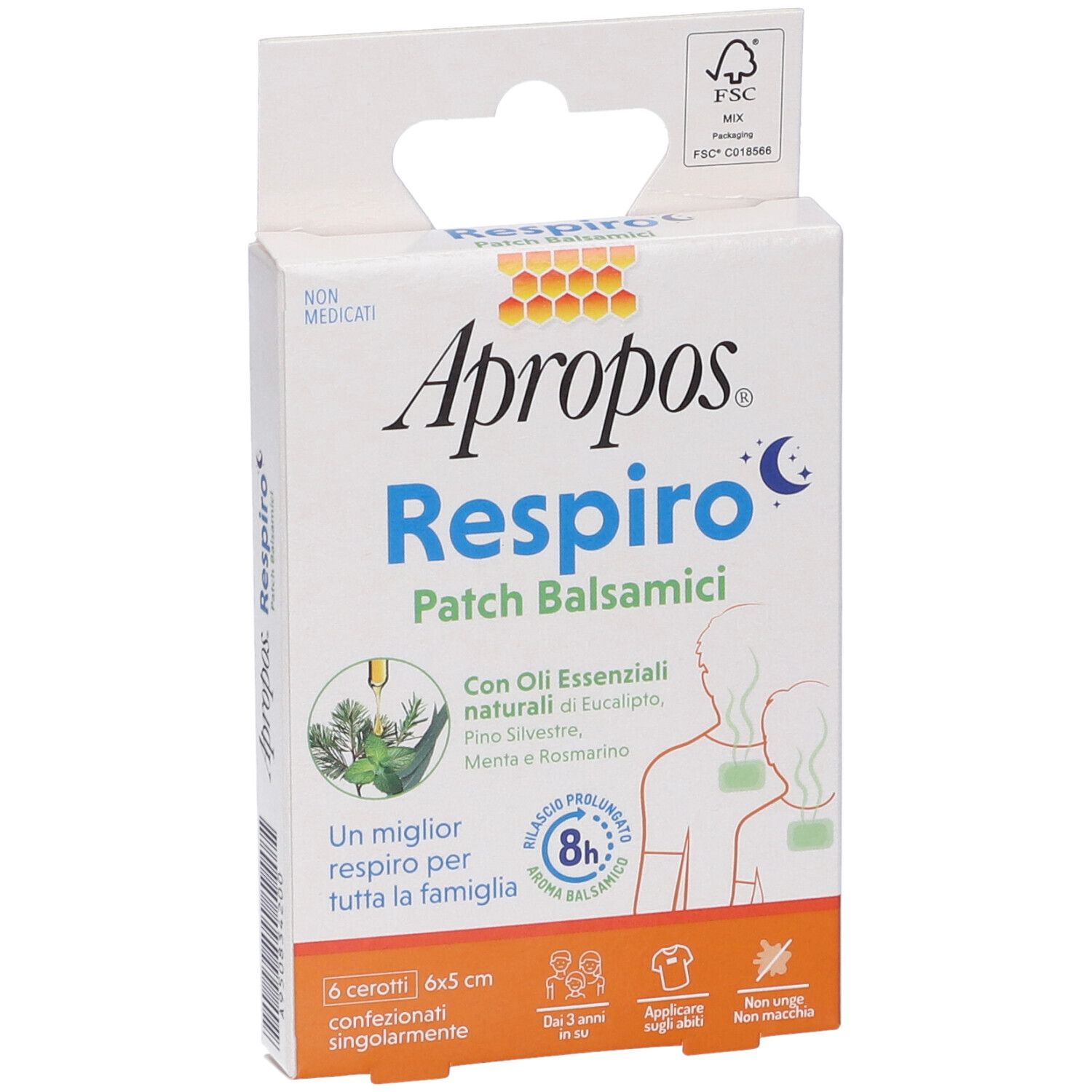 Confezione APROPOS RESPIRO Patch Balsamici. 6 cerotti, 6x5 cm. Contiene oli essenziali. Per bambini dai 3 anni.