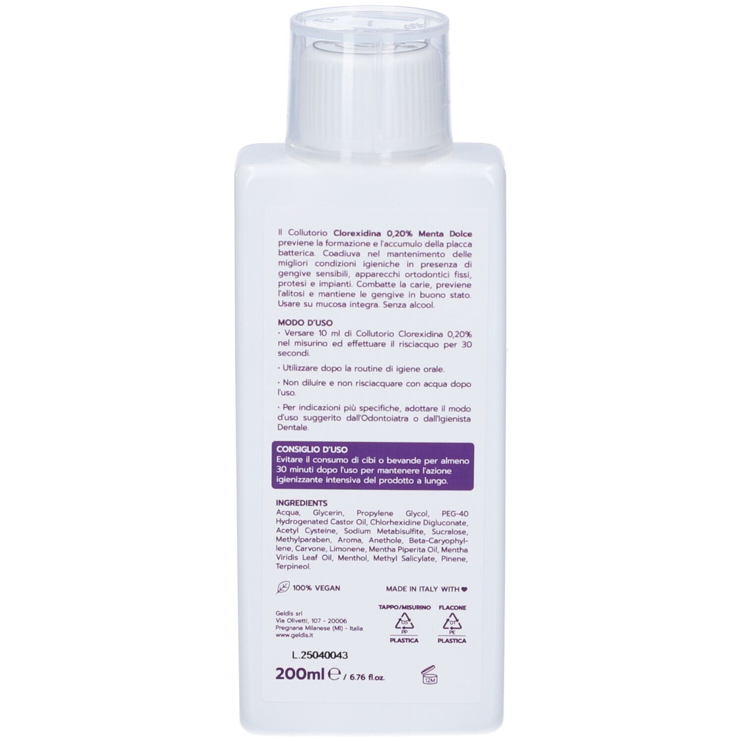 Retro del flacone bianco. Testo in italiano. Elenco ingredienti, istruzioni per l'uso, informazioni del produttore.