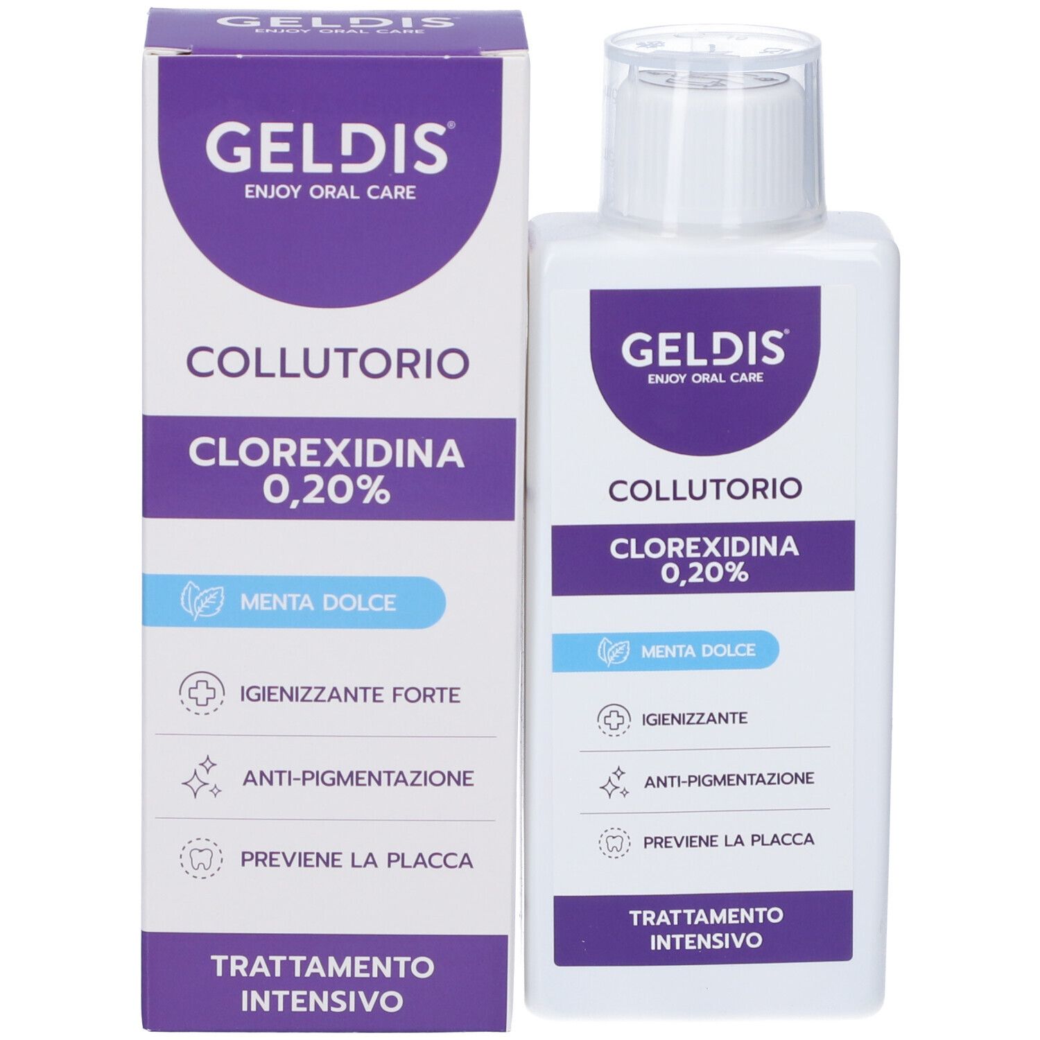 Confezione e flacone. Confezione: bianca con dettagli viola. Flacone: bianco con etichetta viola. Entrambi con informazioni.