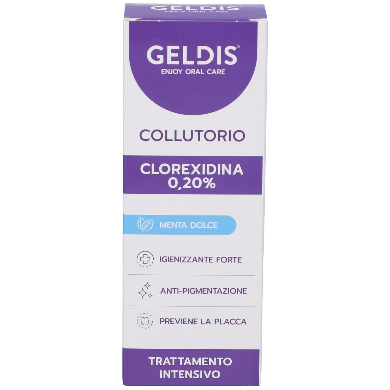 Confezione bianca con dettagli viola. Testo: COLLUTORIO, Clorexidina 0,20%, Menta Dolce. Loghi e informazioni.