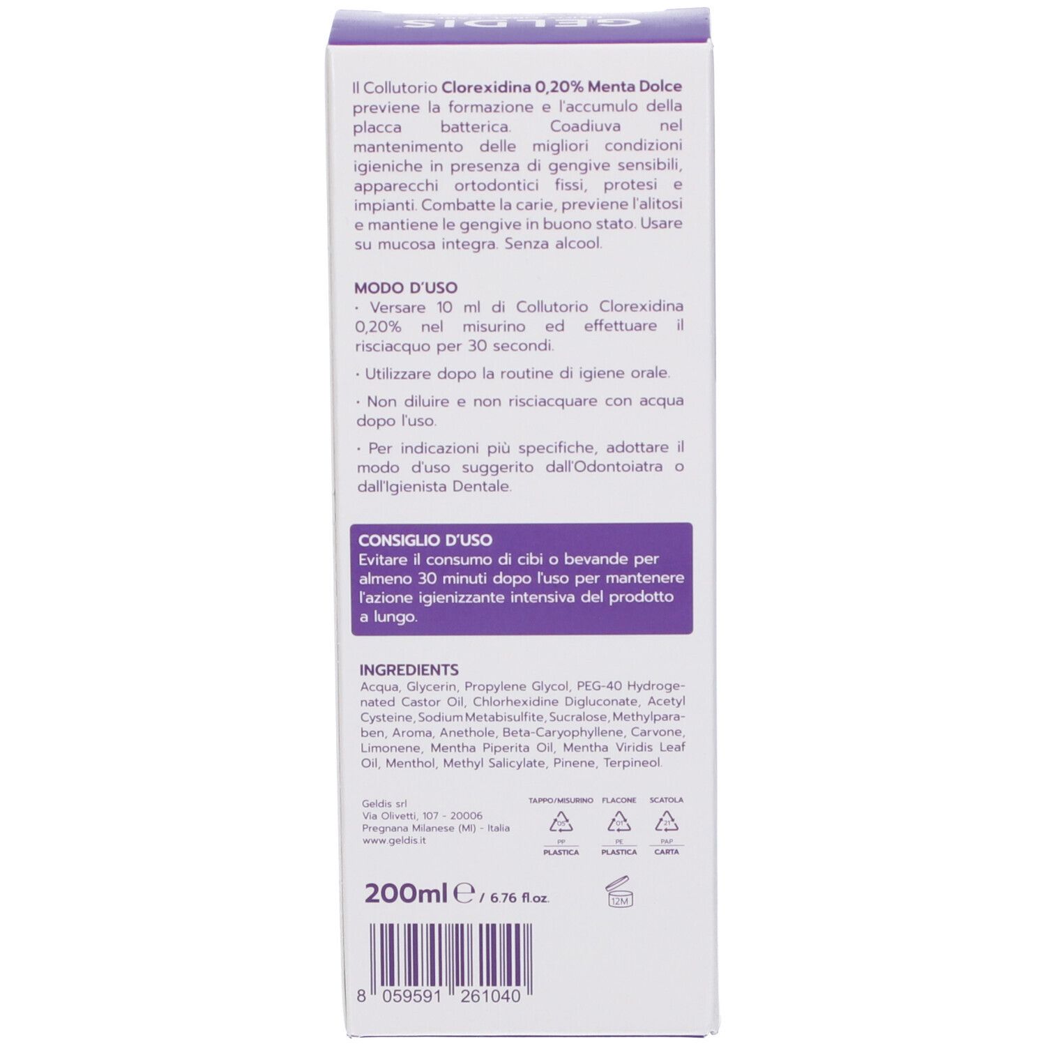 Retro della confezione. Testo in italiano. Istruzioni per l'uso, ingredienti, informazioni del produttore.