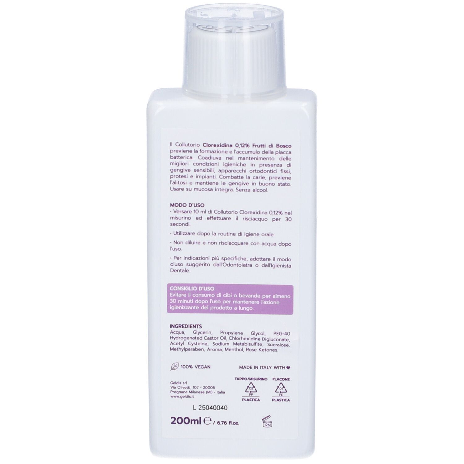 Retro di una bottiglia bianca con etichetta viola. Testo e ingredienti. 200ml. Vegano. Prodotto in Italia.