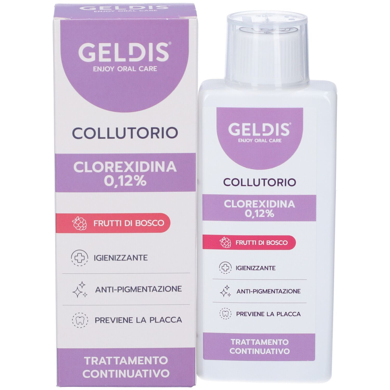 Confezione e flacone. Confezione: bianca con accenti viola. Testo: GELDIS, COLLUTORIO, Clorexidina 0,12%.