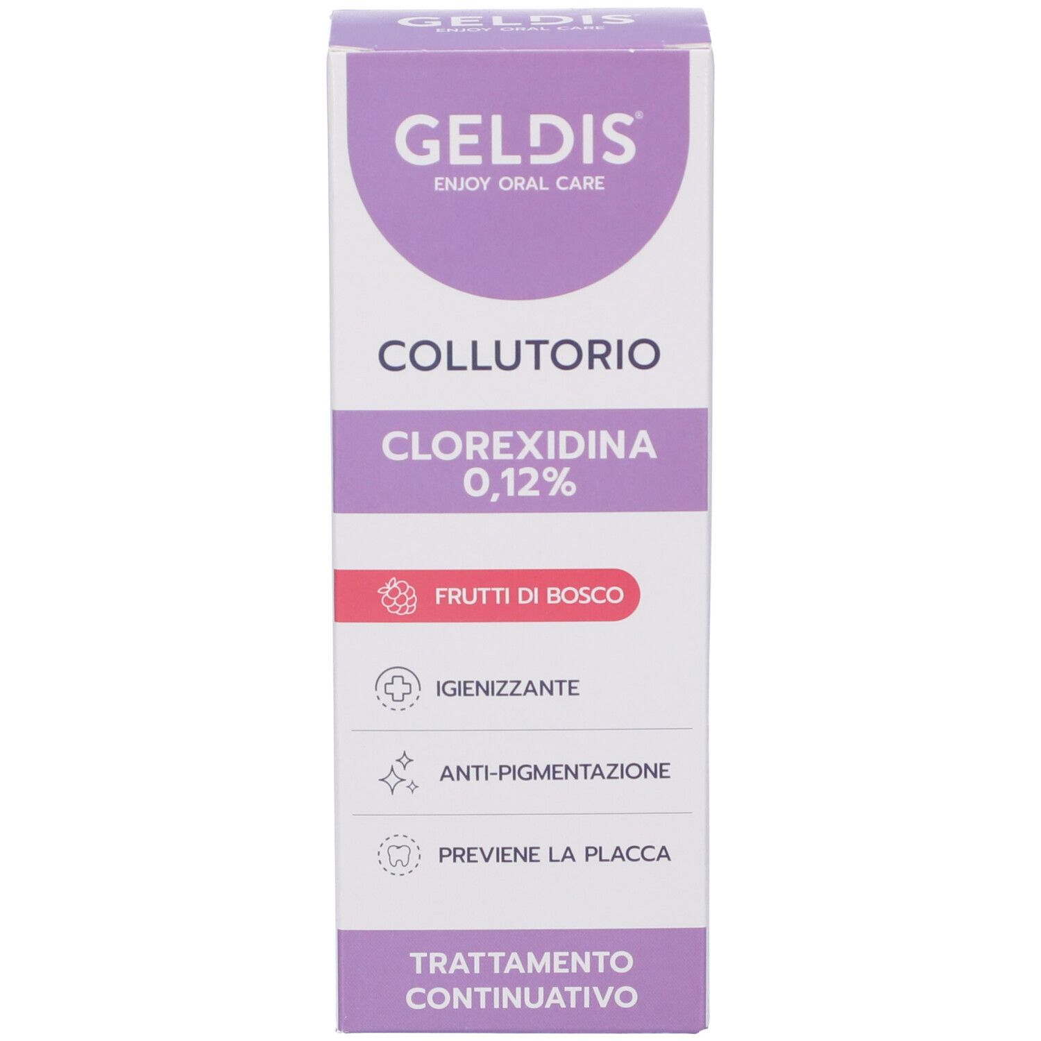 Confezione bianca con accenti viola. Testo: GELDIS, COLLUTORIO, Clorexidina 0,12%, Frutti di Bosco.