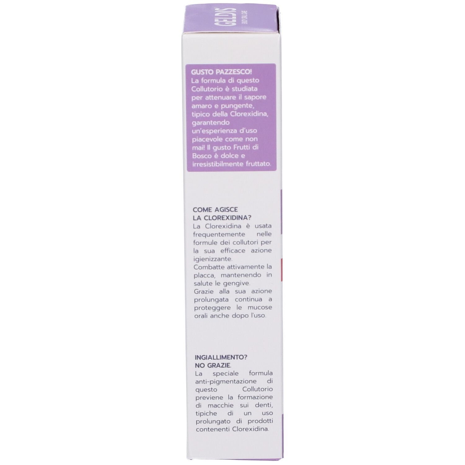 Lato della confezione. Testo sul gusto e l'uso. Sfondo viola. Testo: Clorexidina.