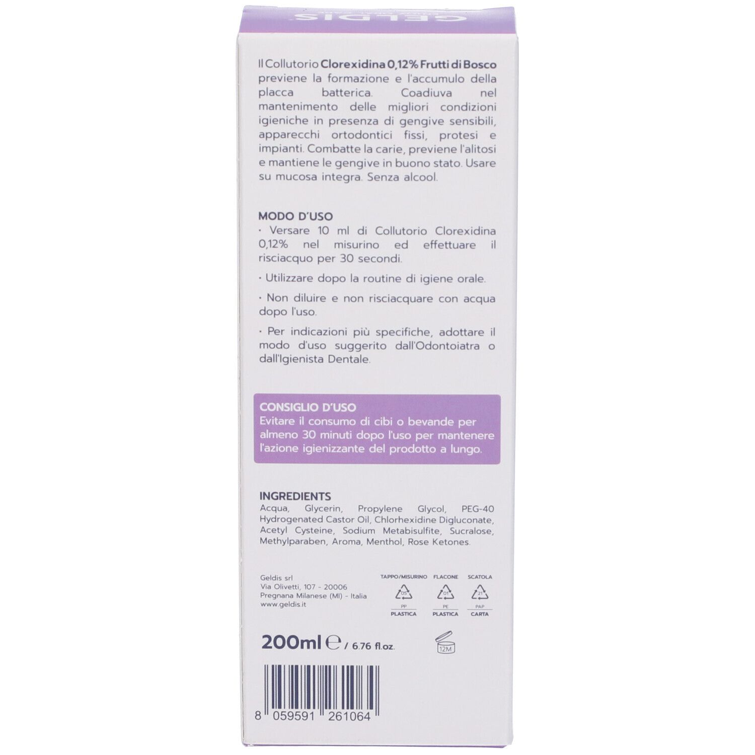 Retro della confezione. Testo su uso, ingredienti e avvertenze. 200ml. Vegano.