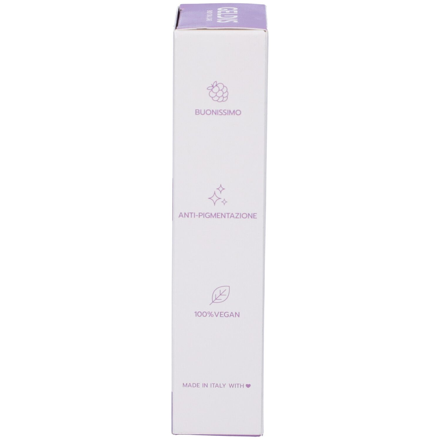 Lato della confezione. Testo: BUONISSIMO, ANTI-PIGMENTAZIONE, 100% VEGAN. Prodotto in Italia.