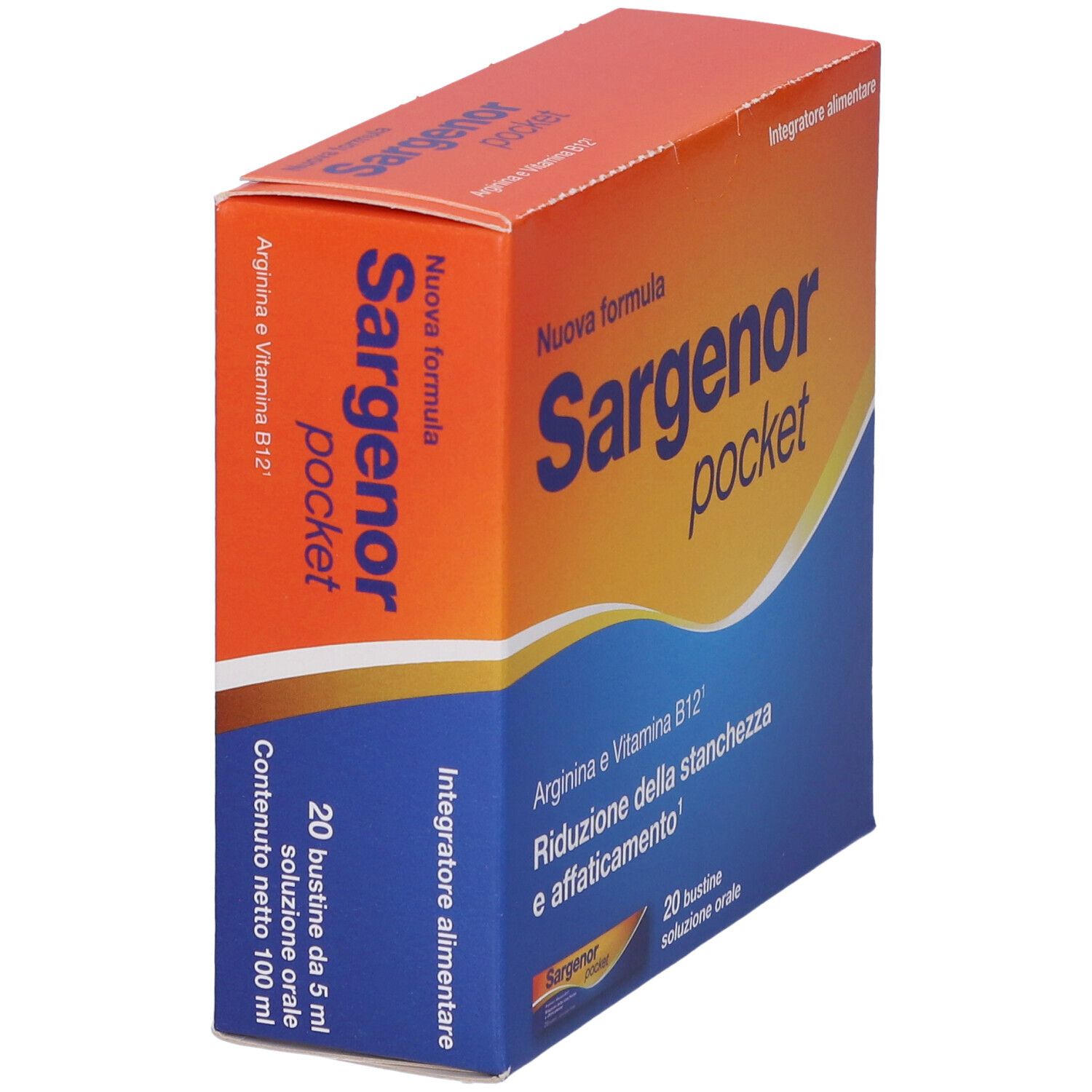 Scatola "Sargenor pocket" arancione e blu. Contiene 20 bustine. Testo: "Arginina e Vitamina B12".