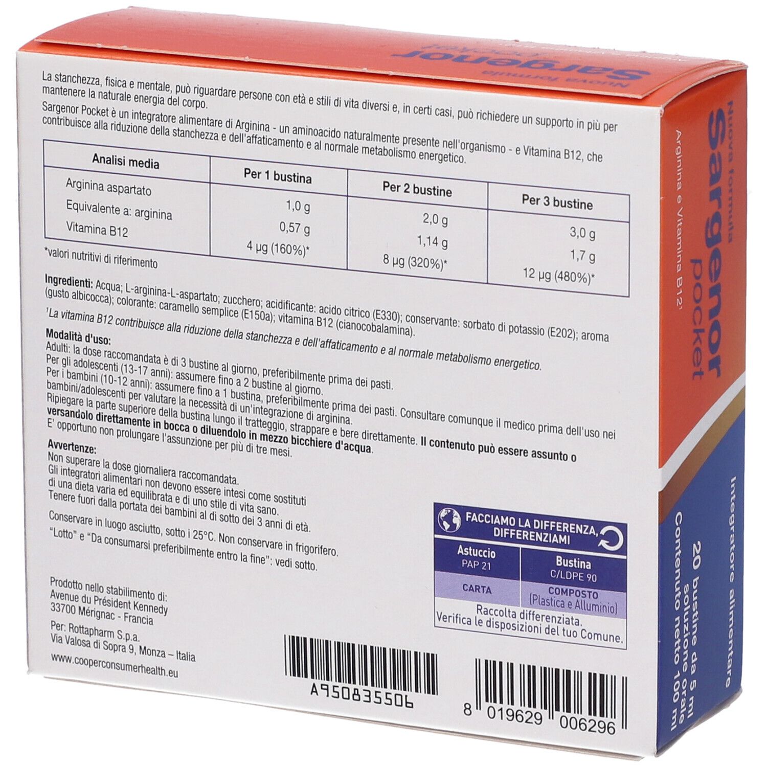 Retro della scatola "Sargenor pocket". Contiene informazioni su ingredienti e dosaggio. Testo in italiano.