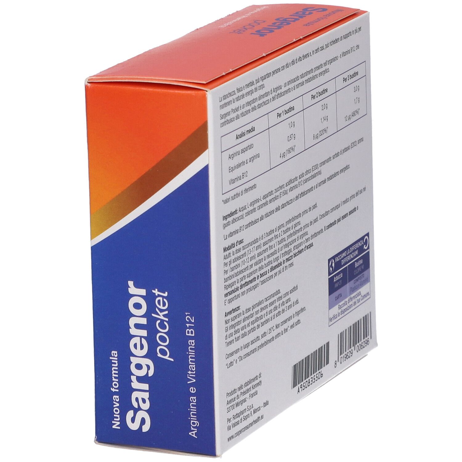 Vista laterale della scatola "Sargenor pocket". Testo: "Arginina e Vitamina B12". Informazioni e ingredienti.