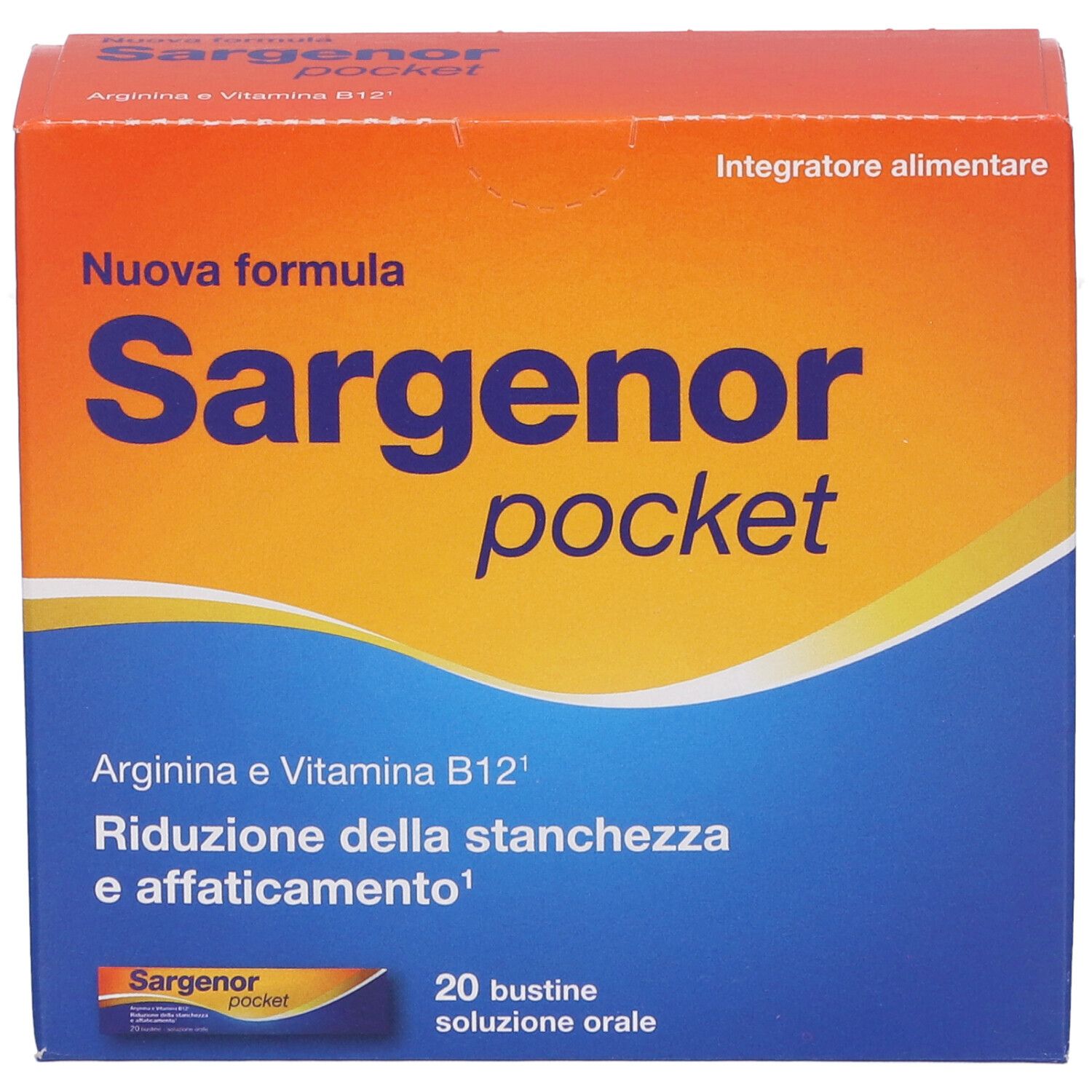 Scatola arancione e blu "Sargenor pocket". Contiene 20 bustine. Testo: "Arginina e Vitamina B12".