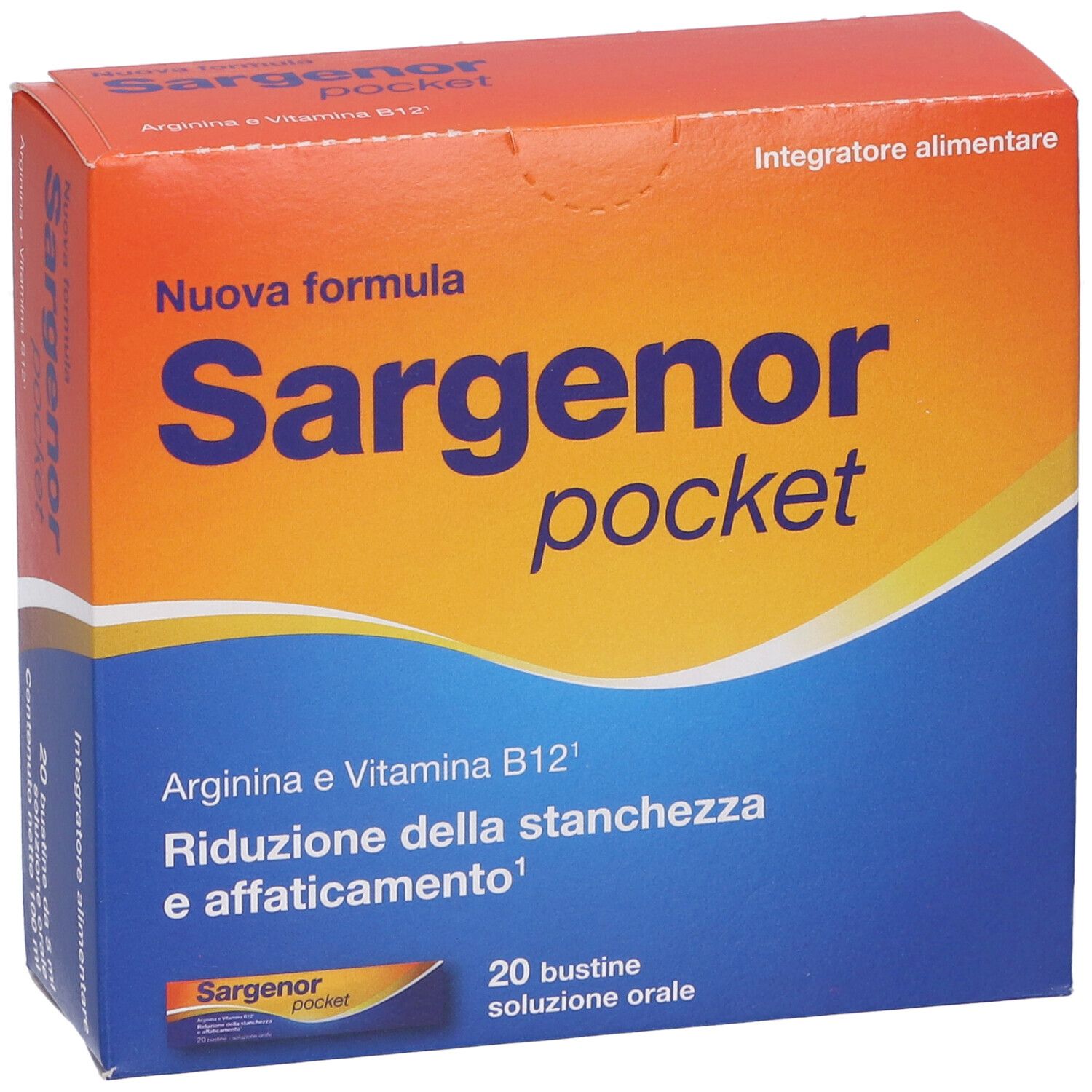Scatola arancione e blu "Sargenor pocket". Contiene 20 bustine. Testo: "Arginina e Vitamina B12".