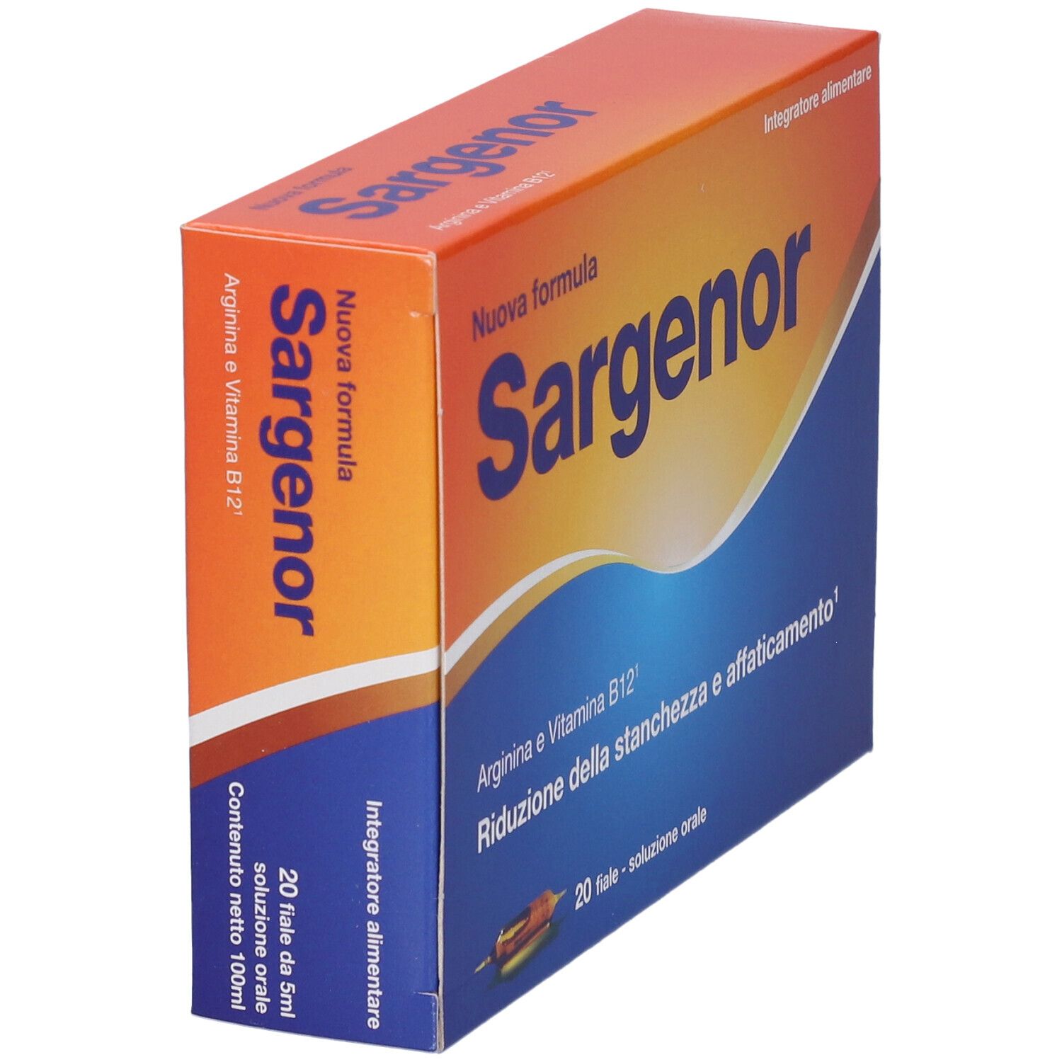 Scatola "Sargenor" in prospettiva. Confezione arancione e blu con nome e informazioni. 20 fiale.