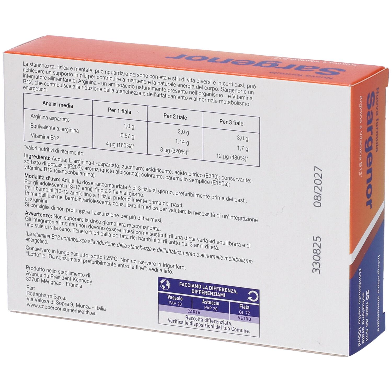 Retro della confezione "Sargenor". Contiene informazioni su ingredienti e dosaggio. Testo in italiano.