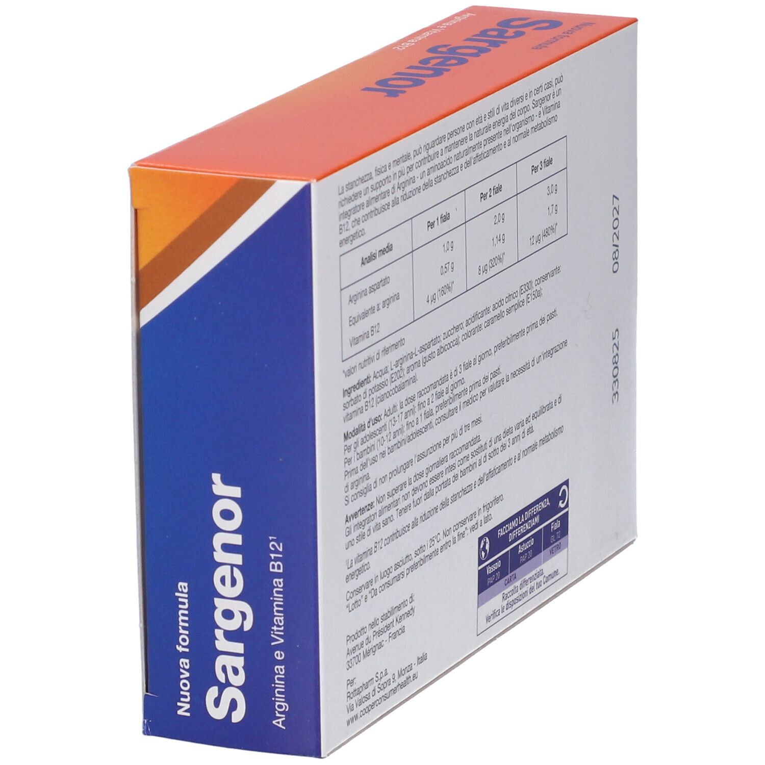 Scatola "Sargenor", retro in prospettiva. Informazioni su ingredienti e dosaggio. Testo in italiano.