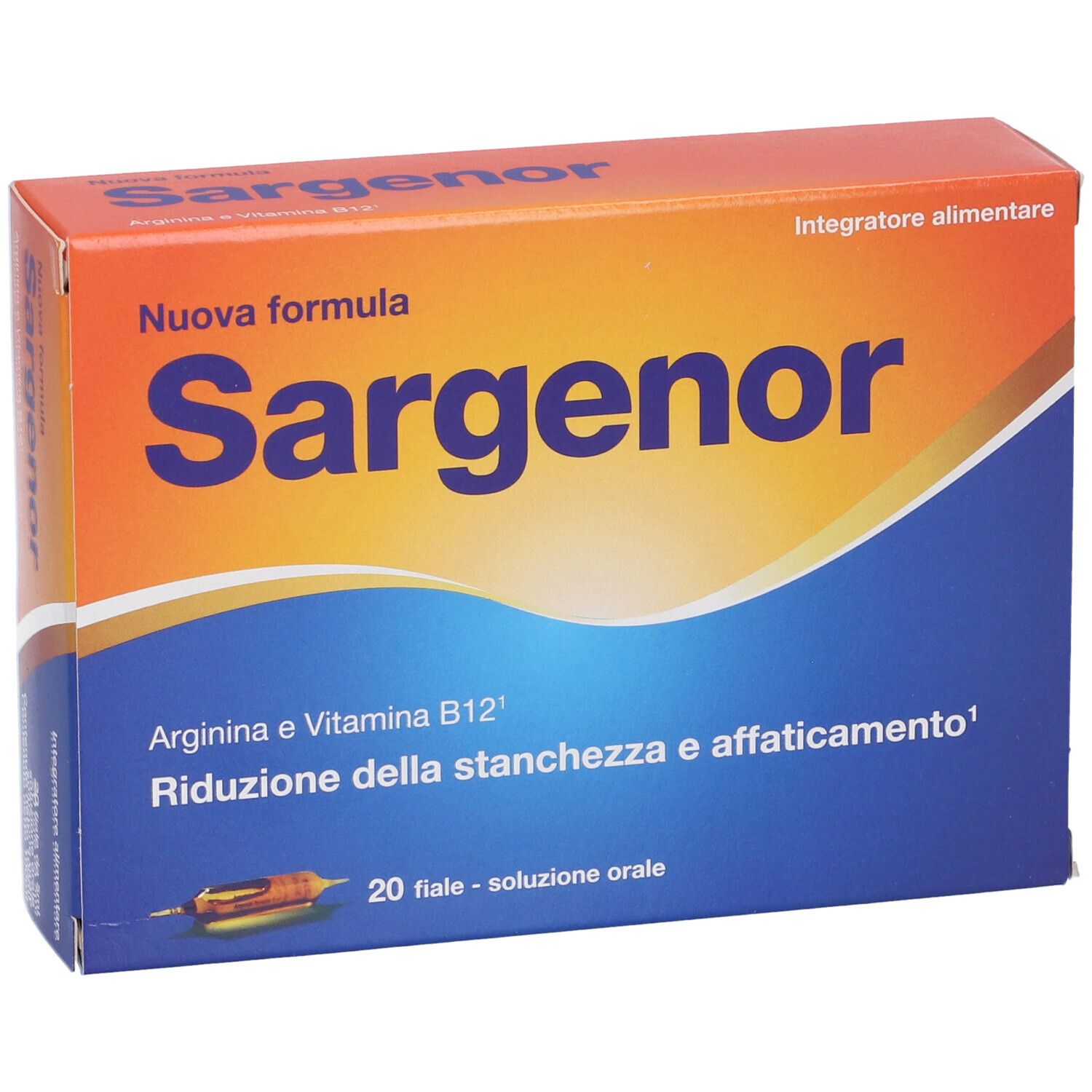 Scatola "Sargenor". Contiene 20 fiale. Confezione blu e arancione con informazioni sul prodotto.