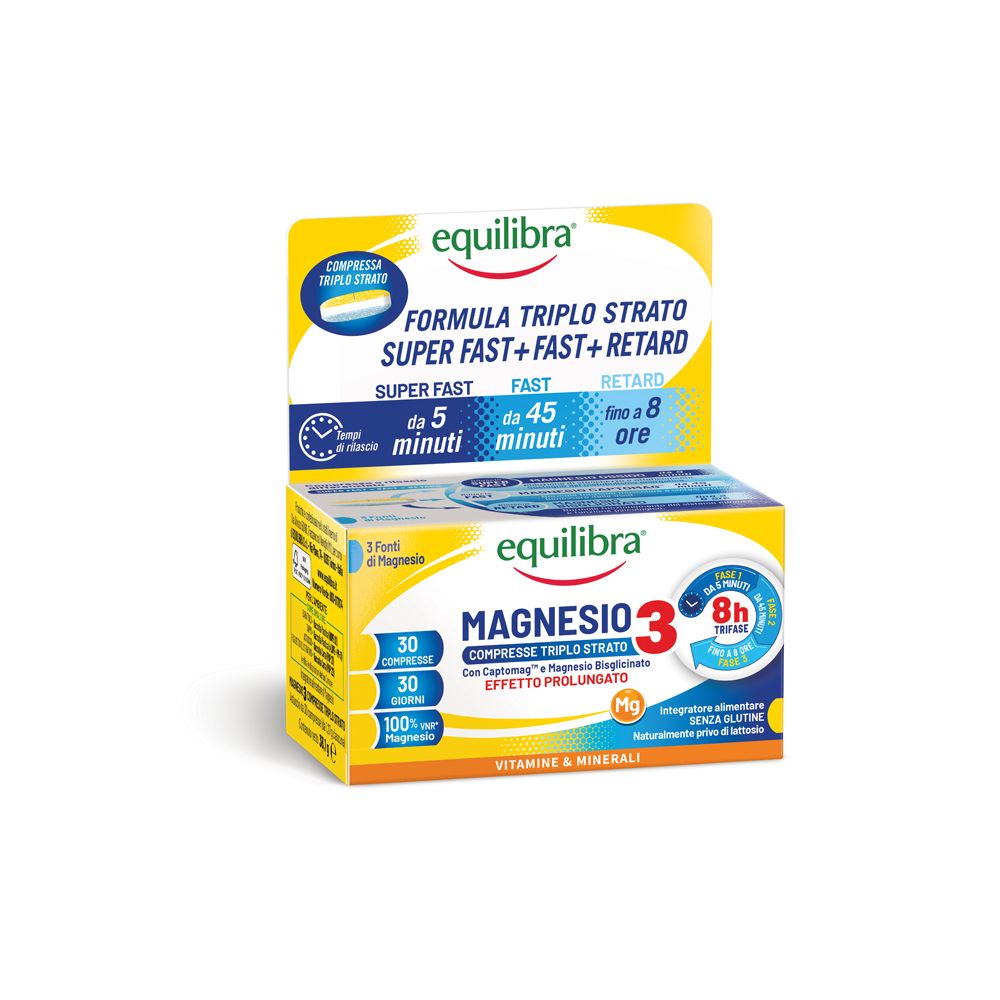 Scatola gialla Equilibra Magnesio 3. Scritto: Compresse Triplo Strato. Contiene 30 compresse. Con vitamine e minerali.