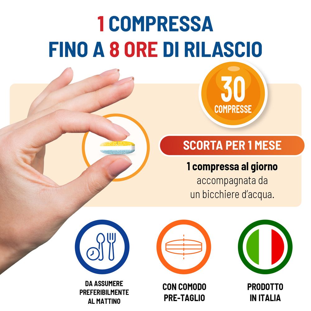 Una mano tiene una compressa a rilascio prolungato, contenente 30 compresse.