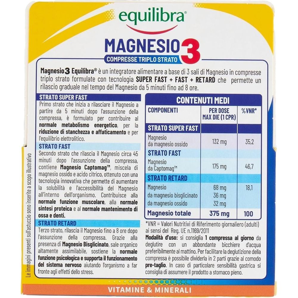 Una confezione di Equilibra Magnesio3 con 180 compresse, formula triplo strato per rilascio rapido.