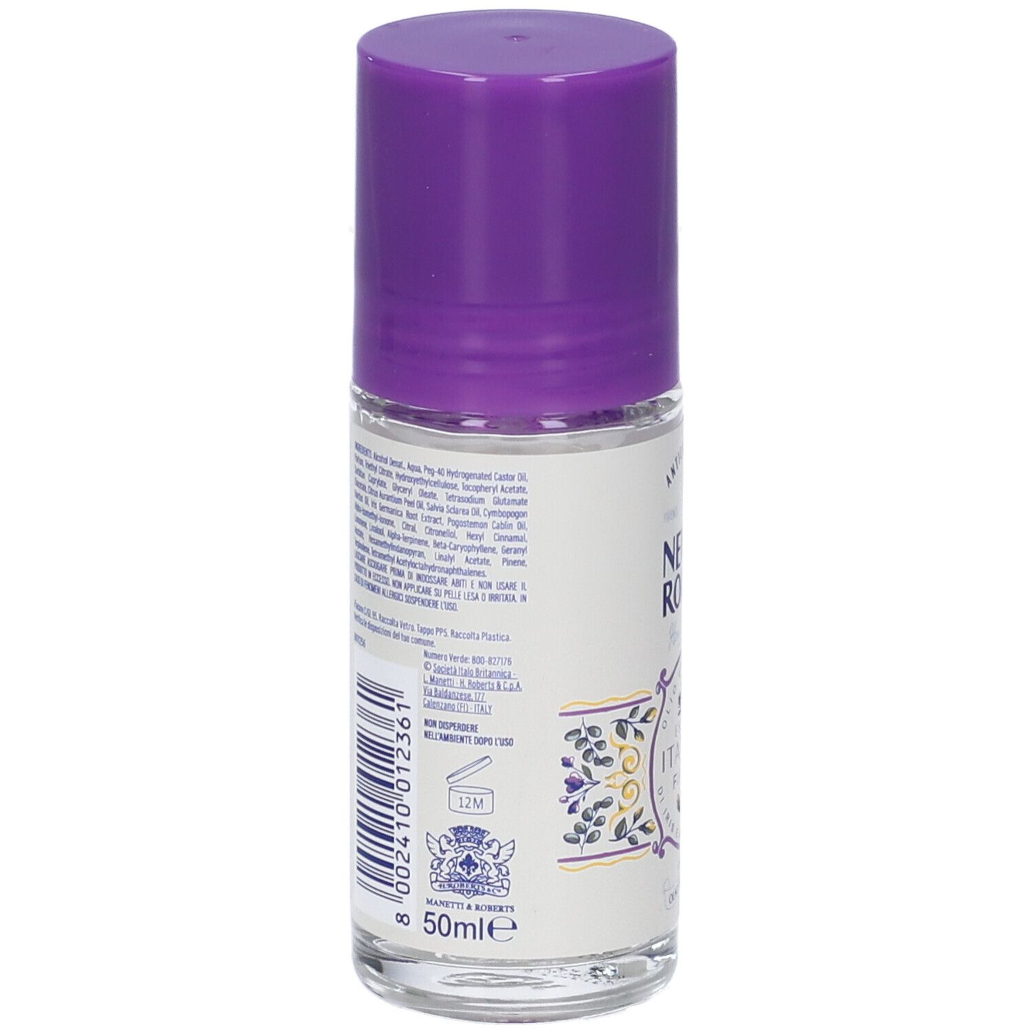 Retro del deodorante roll-on. Neutro Roberts Firenze. Flacone bianco. Testo e codice a barre visibili.