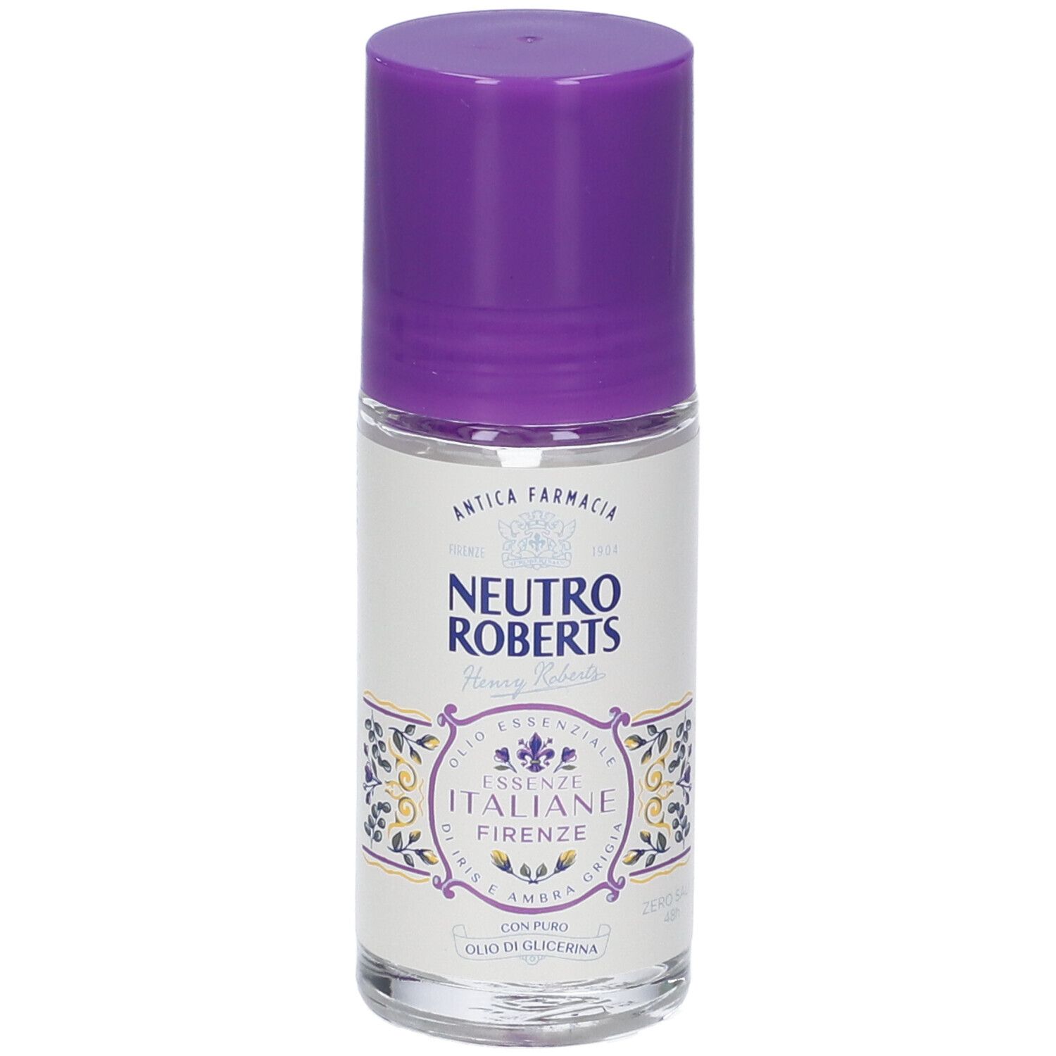 Deodorante roll-on Neutro Roberts Firenze. Tappo viola. Flacone bianco con etichetta. Scritte visibili.