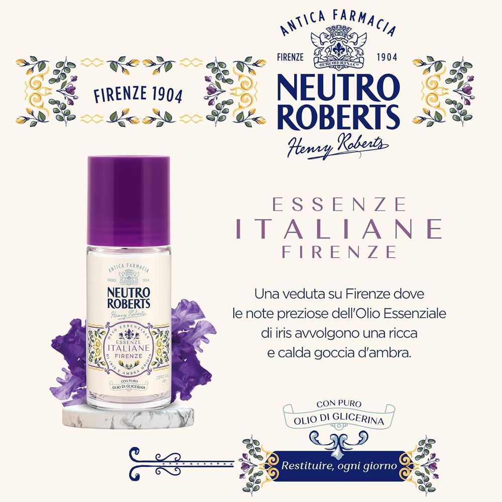 Immagine pubblicitaria con deodorante roll-on. Tappo viola. Neutro Roberts, Essenze Italiane Firenze. Con iris e ambra.