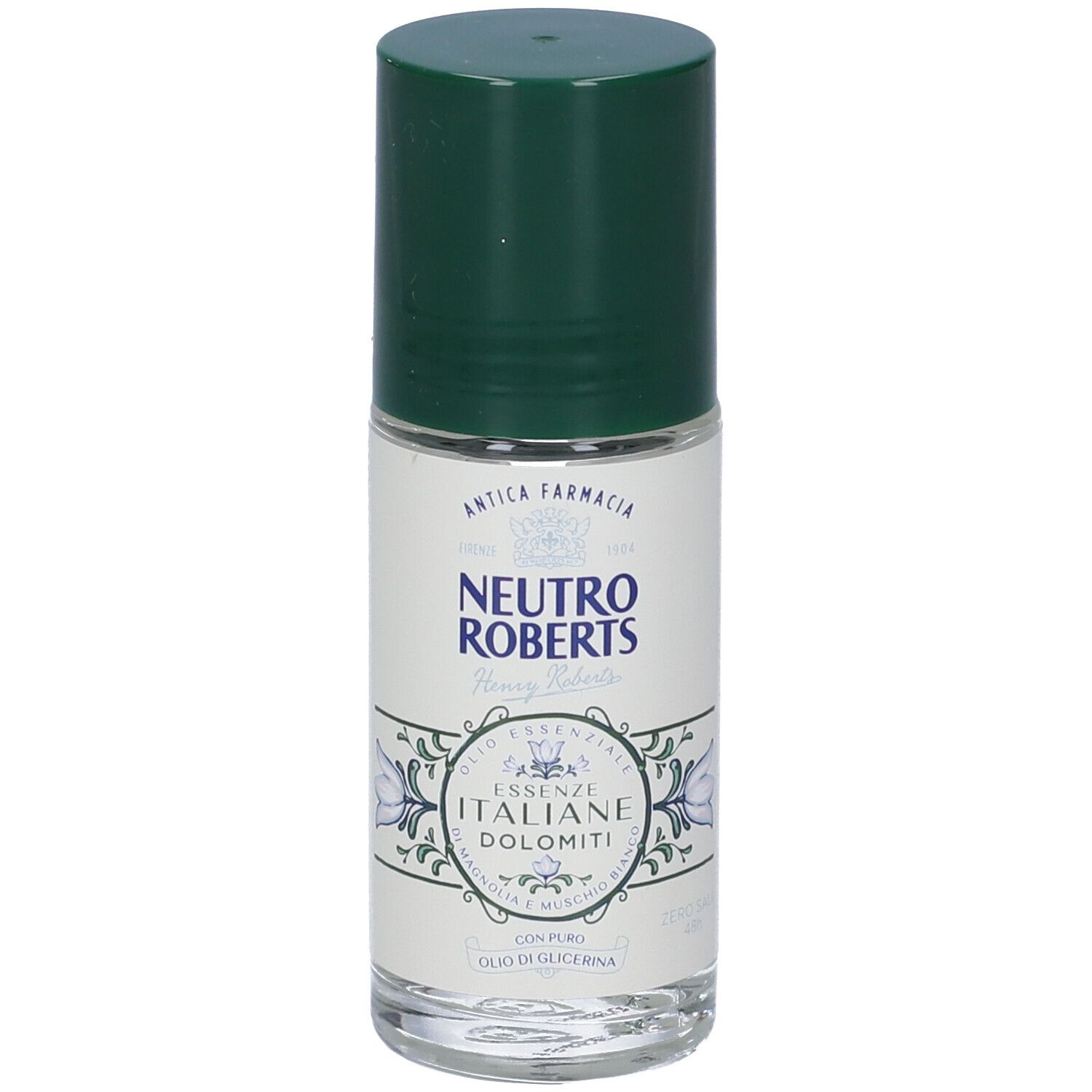 Deodorante roll-on con tappo verde. Scritta: Neutro Roberts, Dolomiti. Design floreale.