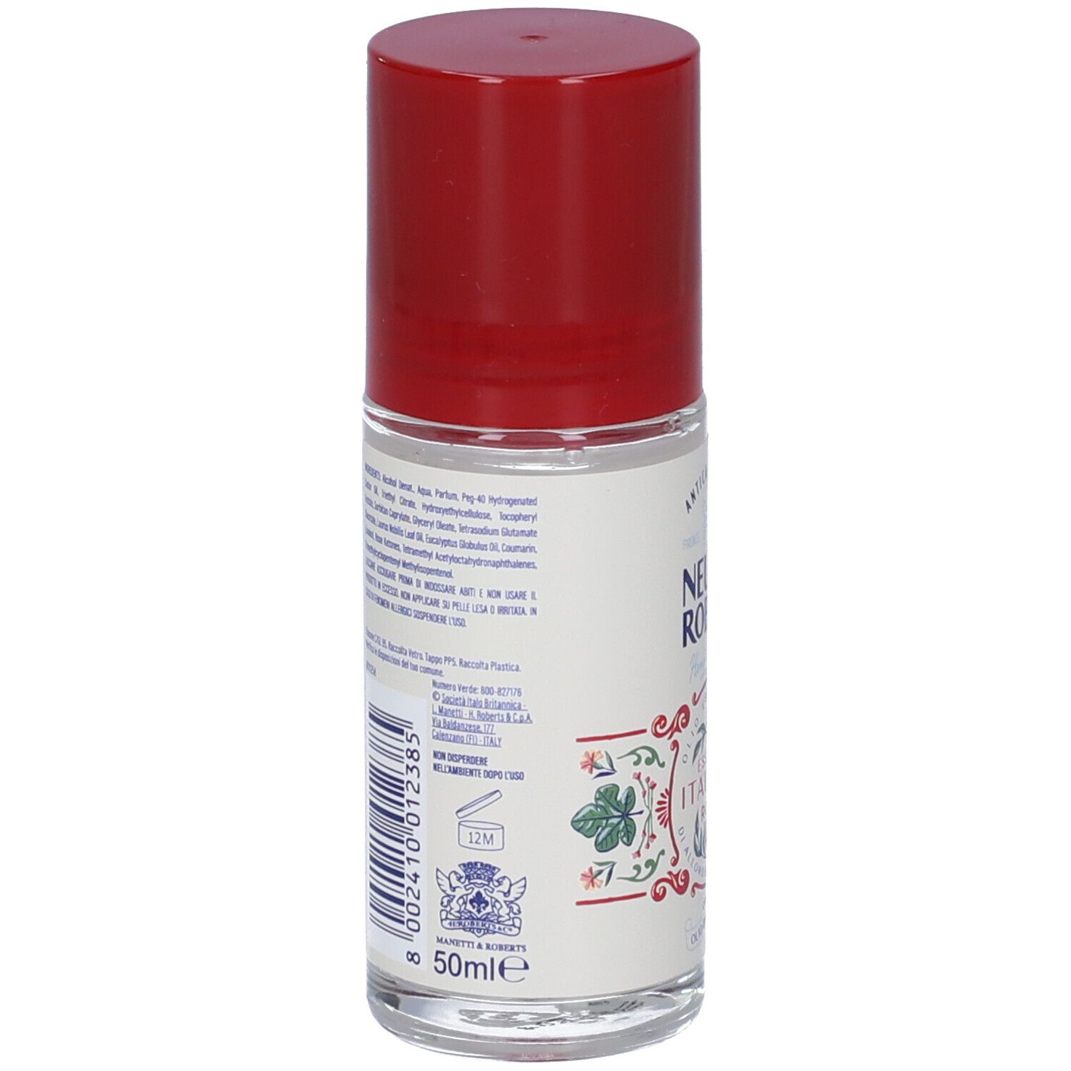 Deodorante roll-on con tappo rosso. Retro con ingredienti e codice a barre. Volume: 50ml.