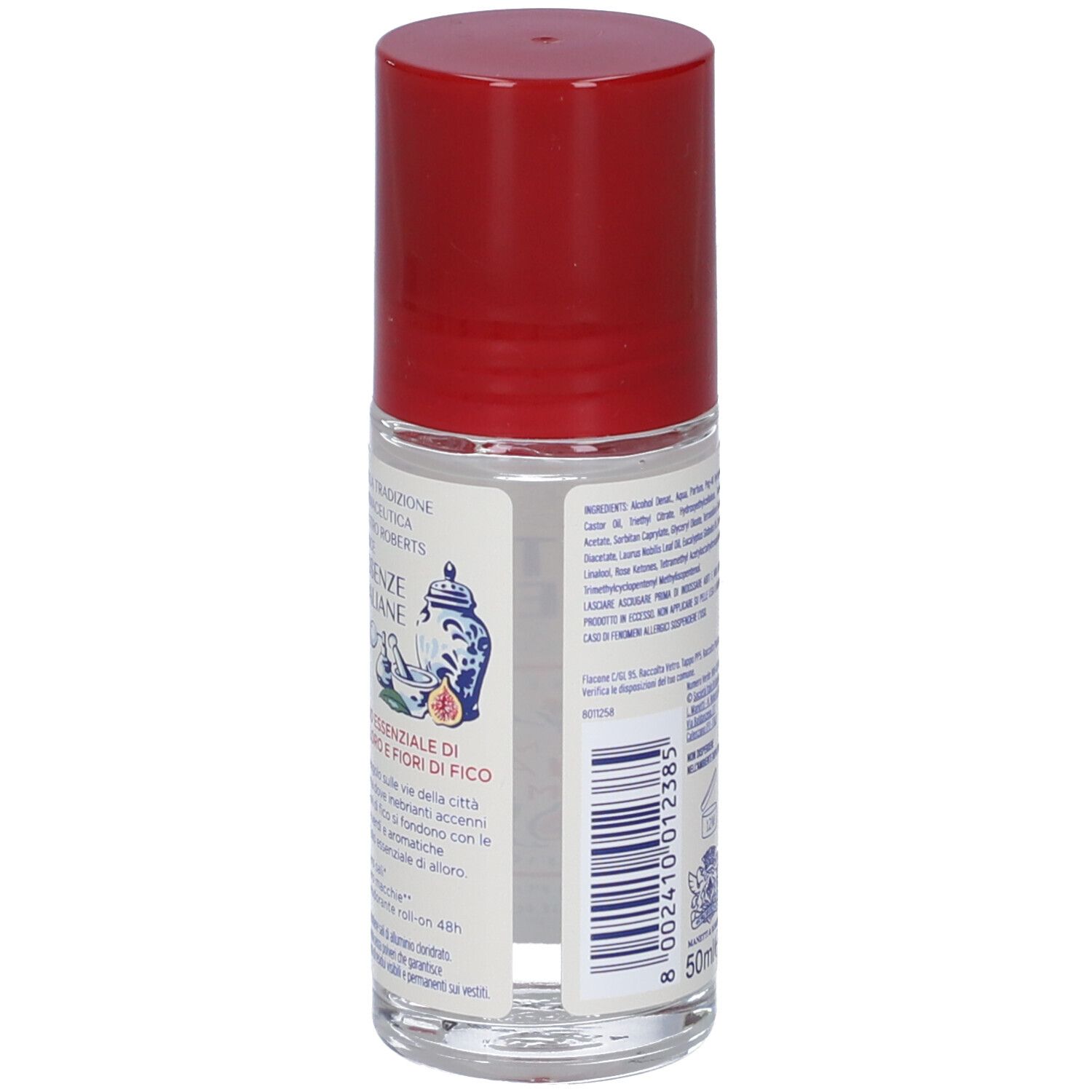 Deodorante roll-on con tappo rosso. Retro con testo e illustrazioni. Volume: 50ml.