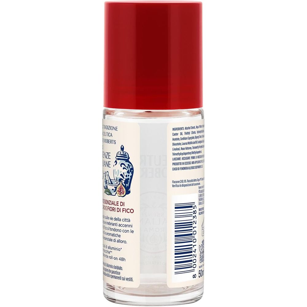 Retro del deodorante roll-on. Contiene ingredienti e codice a barre. Scritta: Essenze Italiane Roma.