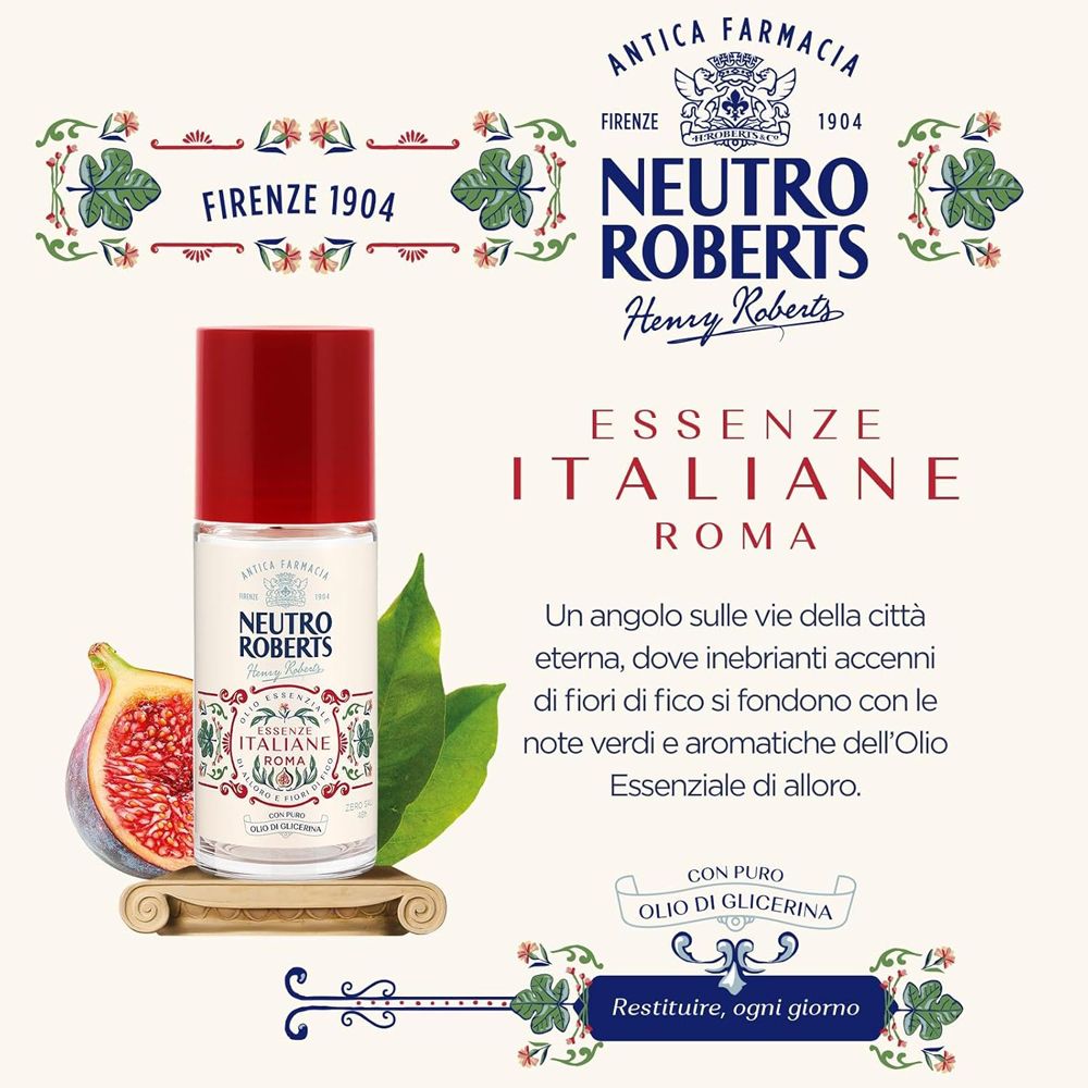 Deodorante roll-on con tappo rosso e fichi. Scritta: Neutro Roberts, Essenze Italiane Roma. Con glicerina pura.
