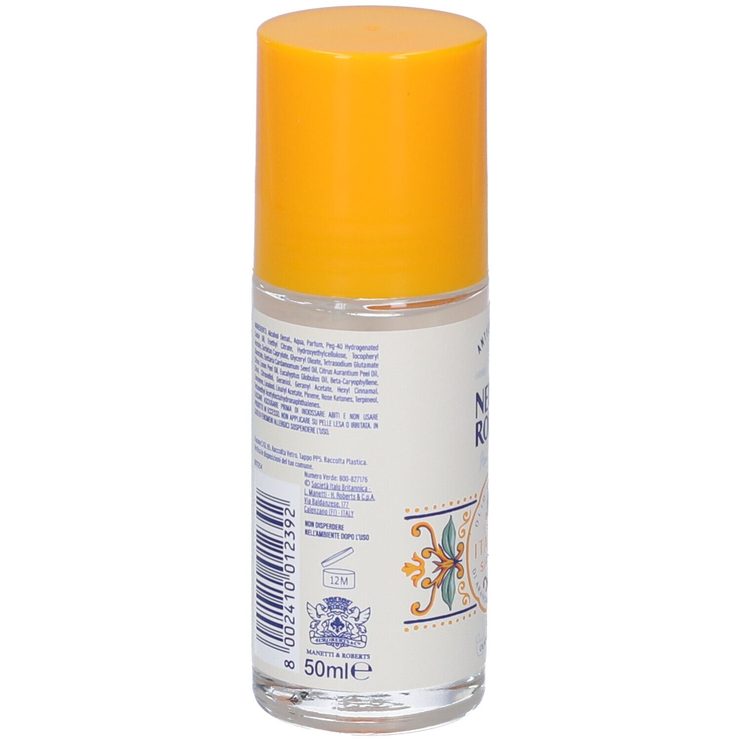 Retro del deodorante roll-on. Contiene informazioni e codice a barre. Scritta: Neutro Roberts, 50ml.