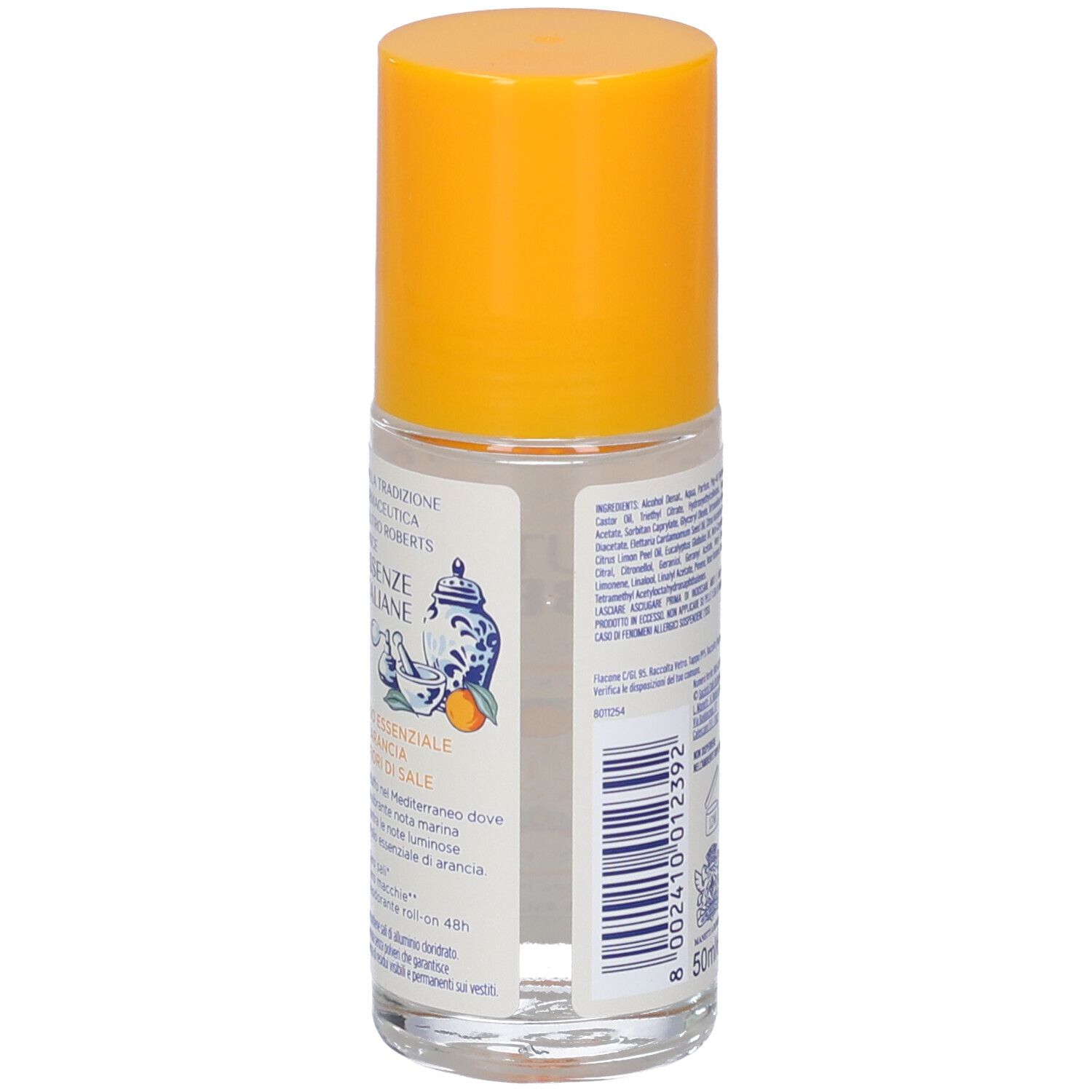 Retro del deodorante roll-on. Testo sugli ingredienti e le proprietà. Scritta: Essenze Italiane Siracusa.