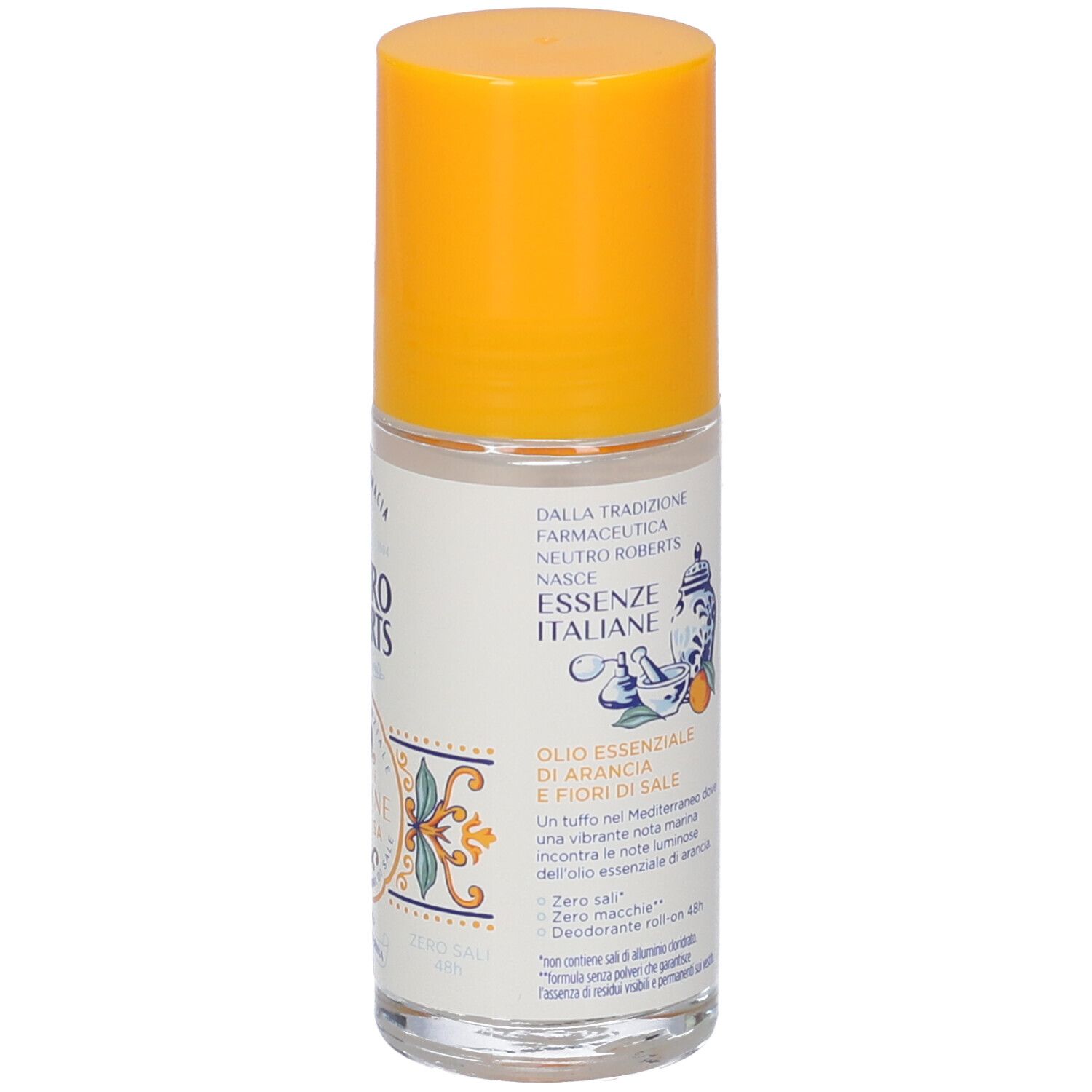 Deodorante roll-on con tappo giallo. Scritta: Neutro Roberts, Essenze Italiane Siracusa. Motivo arancia e fiori.