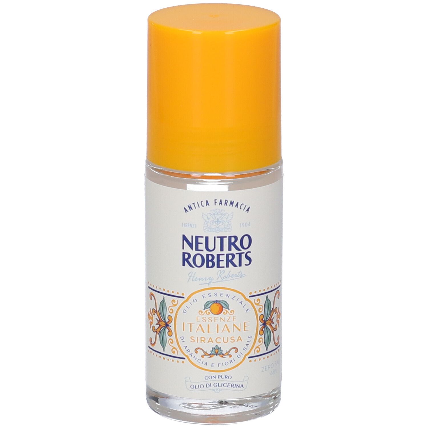Deodorante roll-on con tappo giallo. Scritta: Neutro Roberts, Essenze Italiane Siracusa. Motivo arancia e fiori.