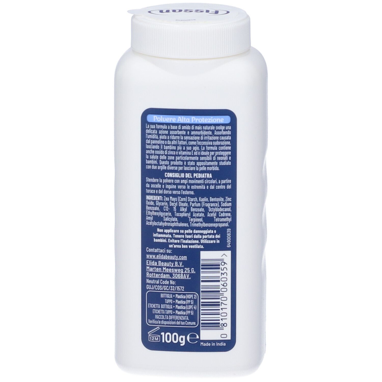 Retro di un flacone bianco. Etichetta blu con testo. Scritta: Polvere Alta Protezione. Ingredienti e contatti. 100g.