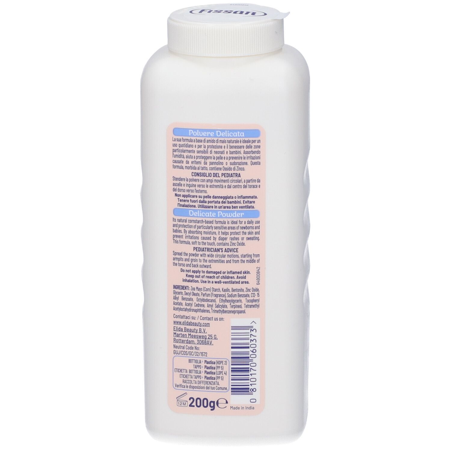 Retro del flacone bianco. Testo: Polvere Delicata, Pediatrician's Advice, ingredienti. In basso: 200g.