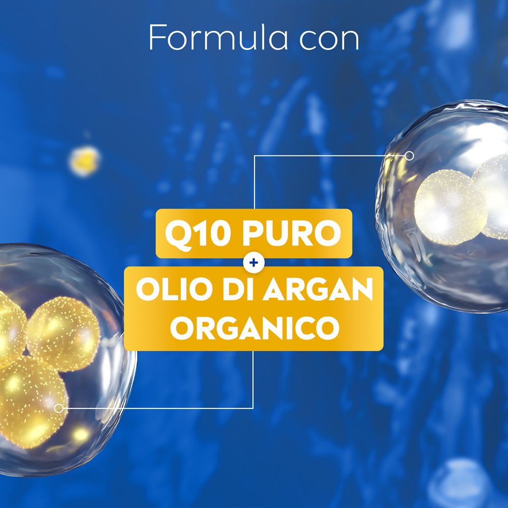 Grafica con Q10 PURE + OLIO DI ARGAN ORGANICO. Sfondo blu. Elementi gialli.