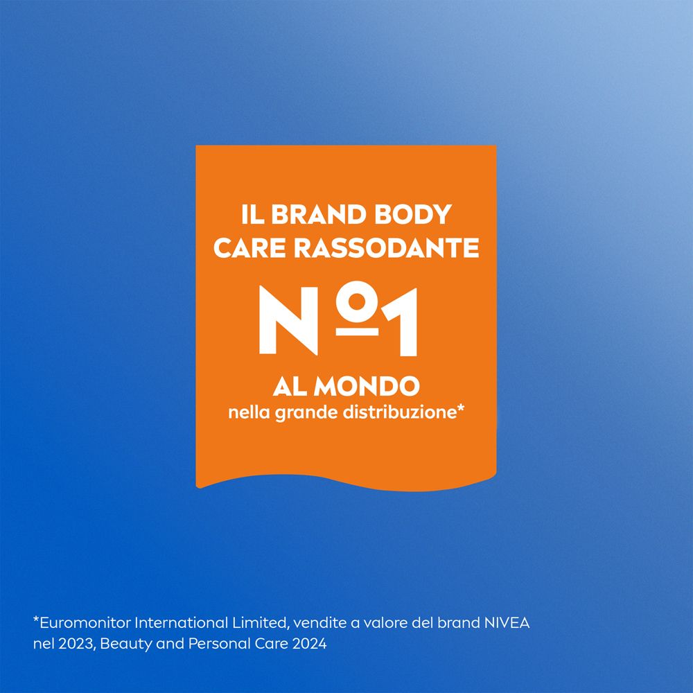 Blocco arancione con testo: IL BRAND BODY CARE RASSODANTE N°1 AL MONDO nella grande distribuzione*.