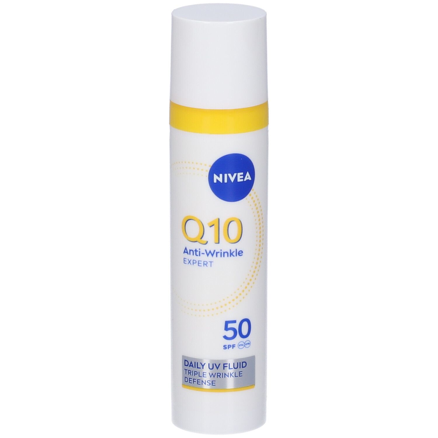 Flacone bianco con anello giallo. Scritta: Nivea, Q10 Anti-Wrinkle Expert, SPF 50. Fluido UV quotidiano.
