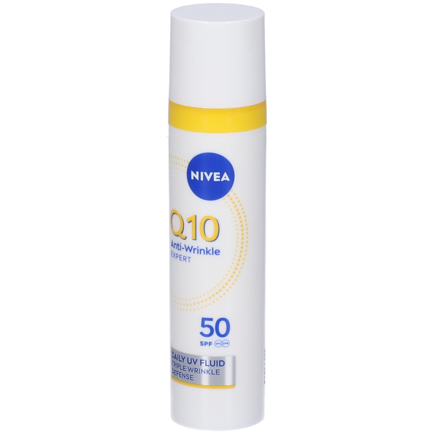 Flacone bianco con anello giallo. Scritta: Nivea, Q10 Anti-Wrinkle Expert, SPF 50. Fluido UV quotidiano.