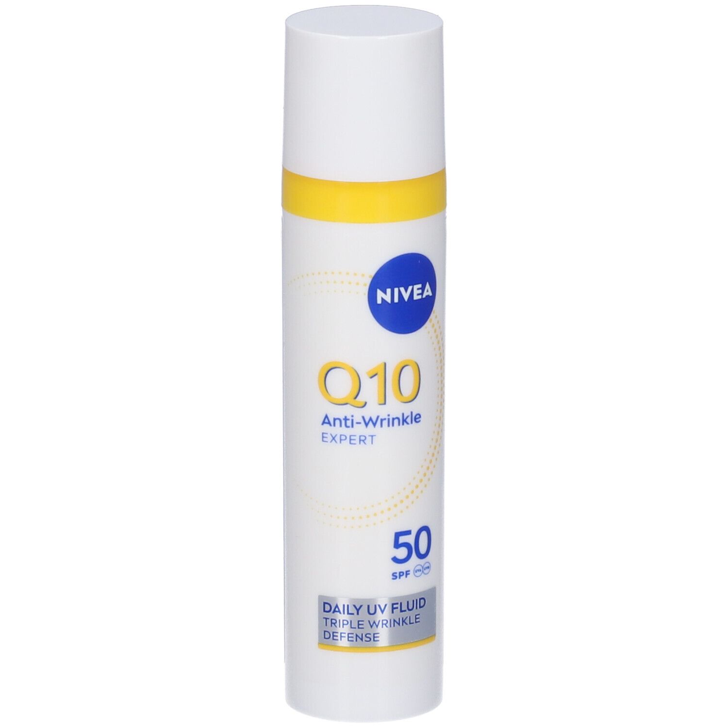 Flacone bianco con anello giallo. Scritta: Nivea, Q10 Anti-Wrinkle Expert, SPF 50. Fluido UV quotidiano.