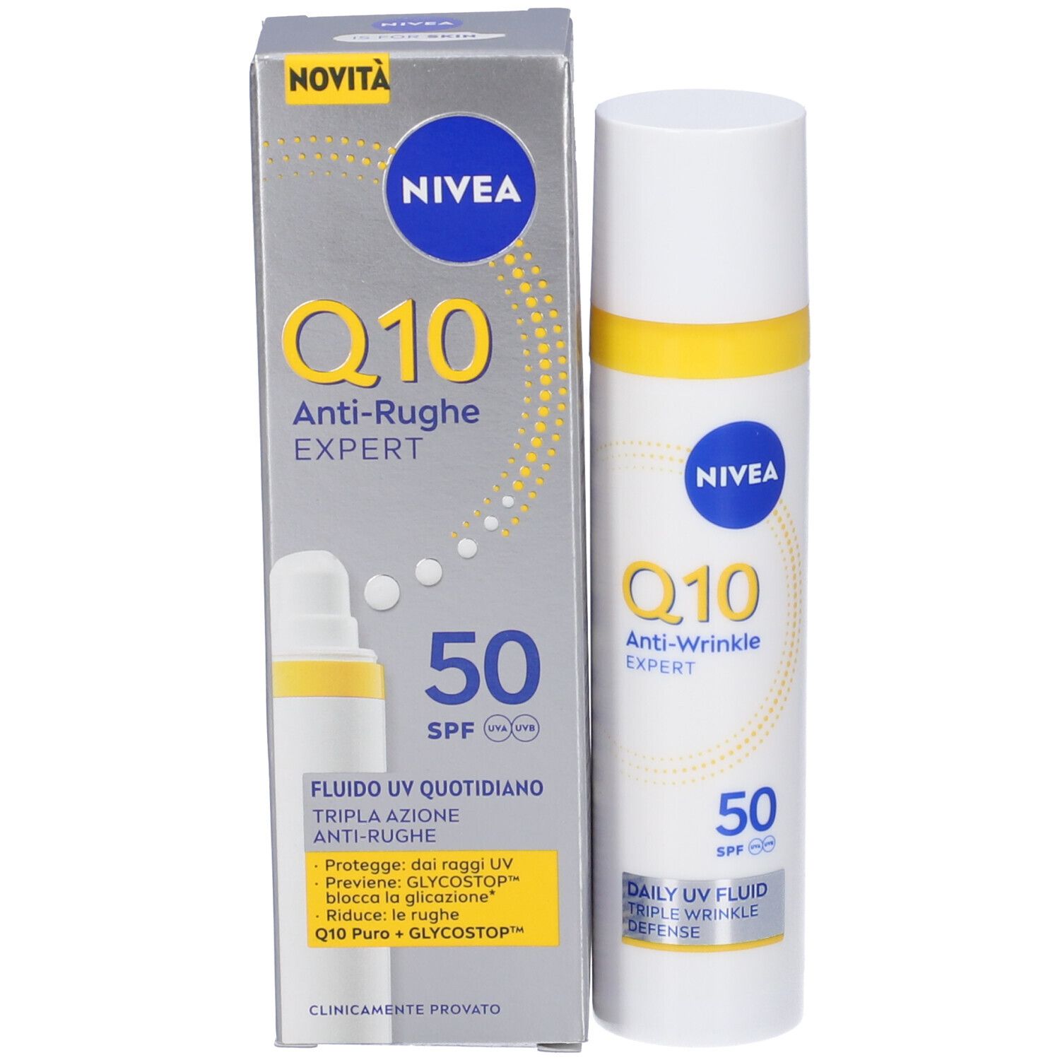 Confezione e flacone. Testo: Nivea Q10 Anti-Rughe Expert, SPF 50. Novità.