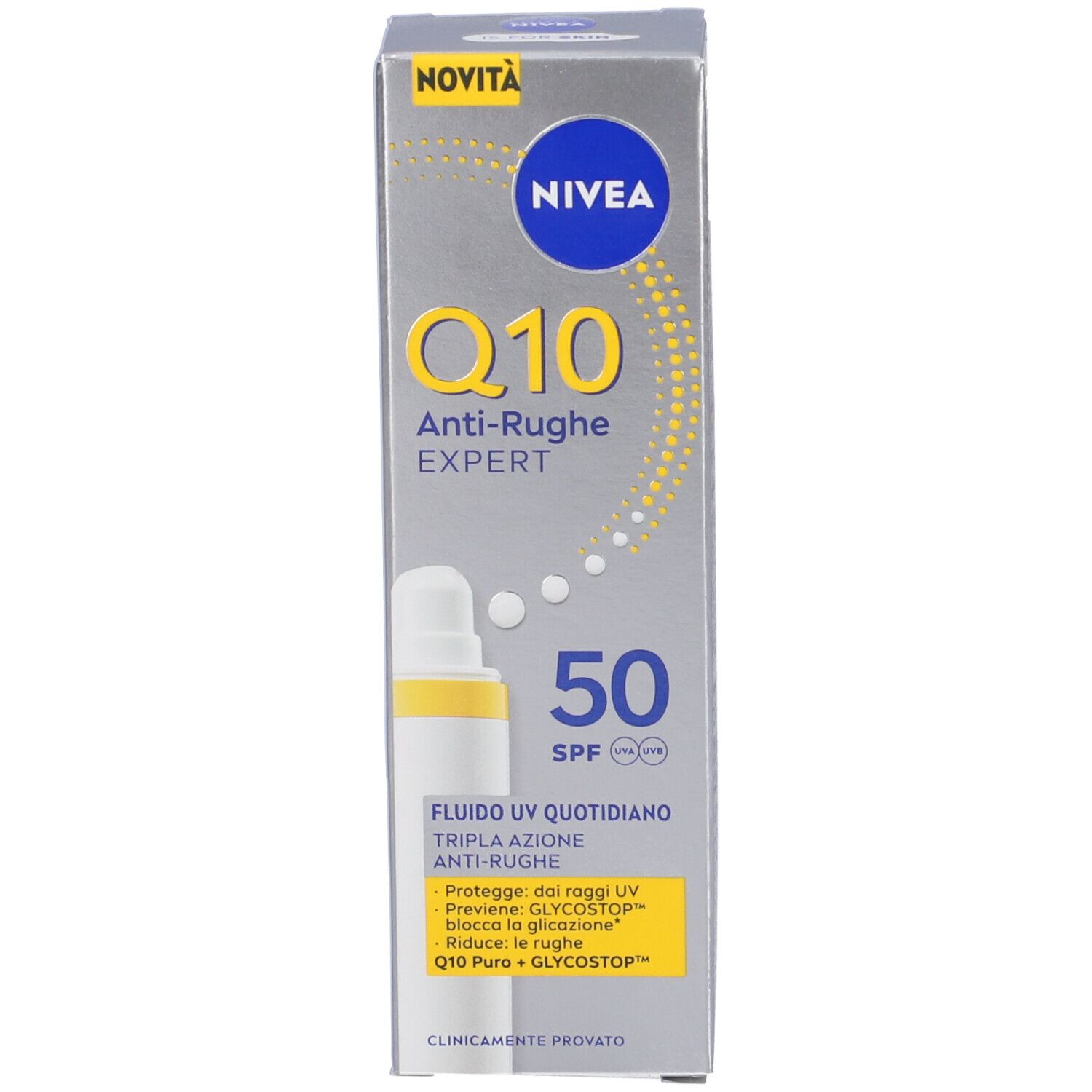 Confezione del prodotto. Testo: Nivea Q10 Anti-Rughe Expert, SPF 50. Novità.