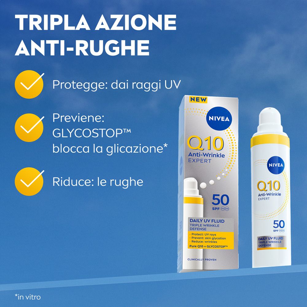 Confezione e flacone. Testo: Tripla Azione Anti-Rughe. Protegge, previene Glycostop, riduce le rughe.