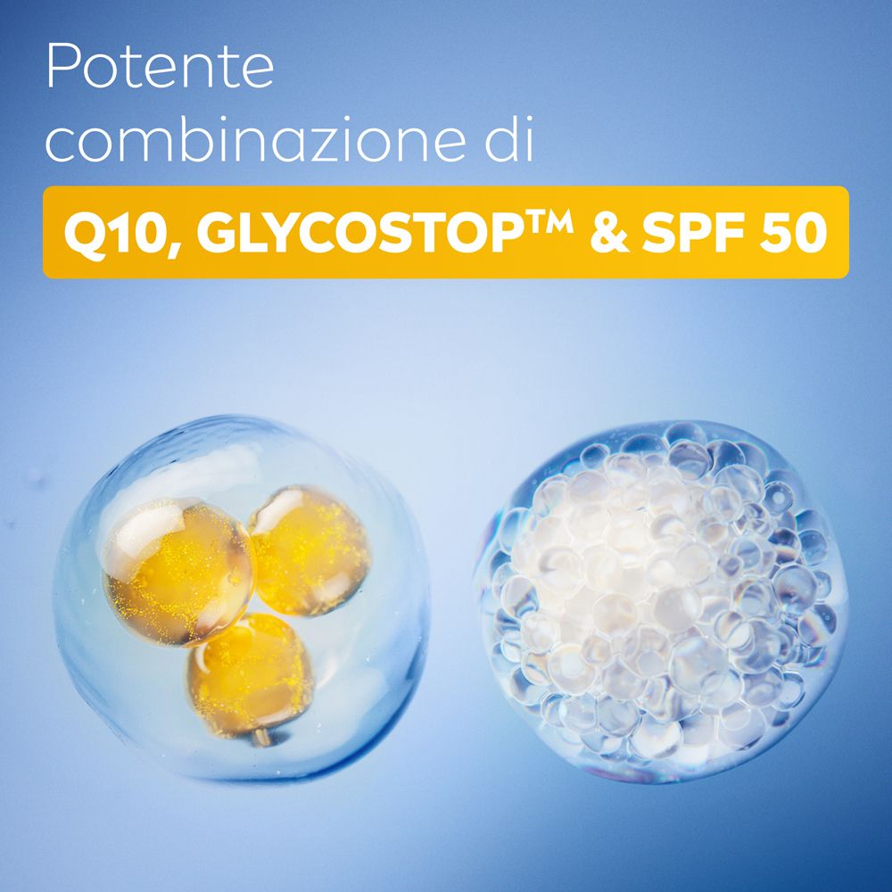 Grafica blu con sfere gialle. Testo: Potente combinazione di Q10, Glycostop & SPF 50.